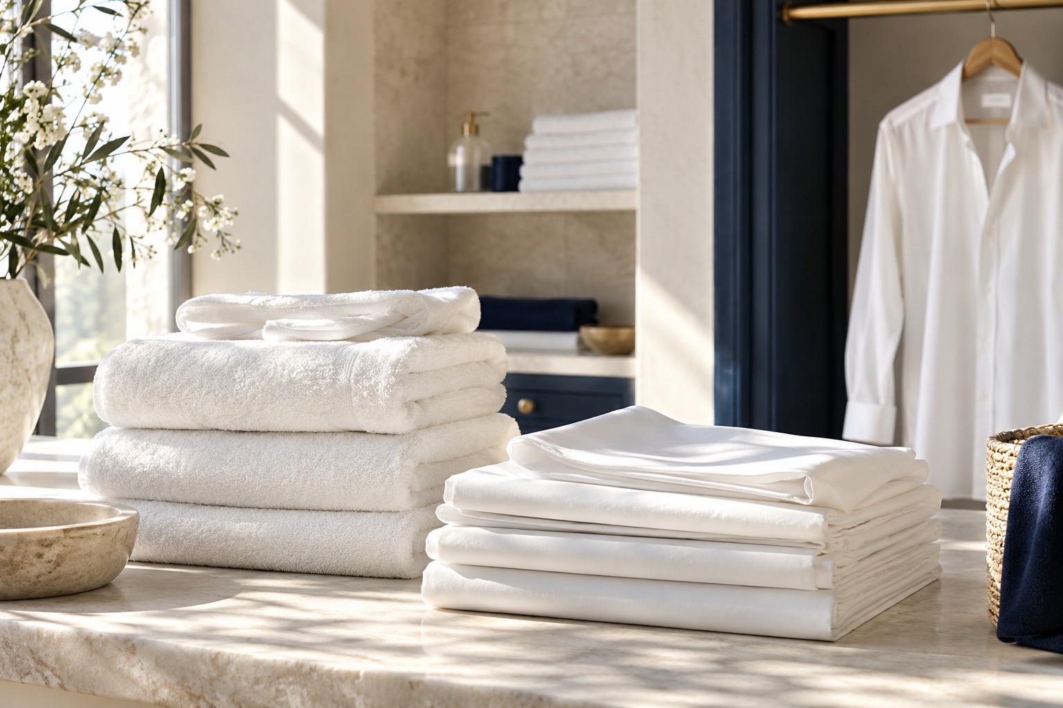 Linge blanc soigneusement plié et chemise sur cintre dans une ambiance lumineuse