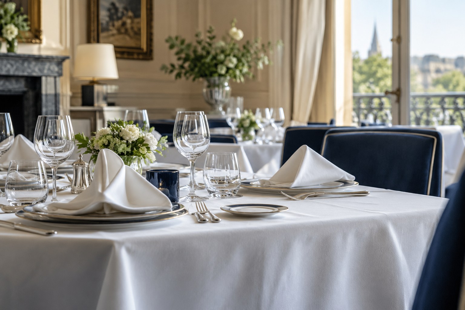 Table de restaurant dressée avec une nappe et des serviettes blanches