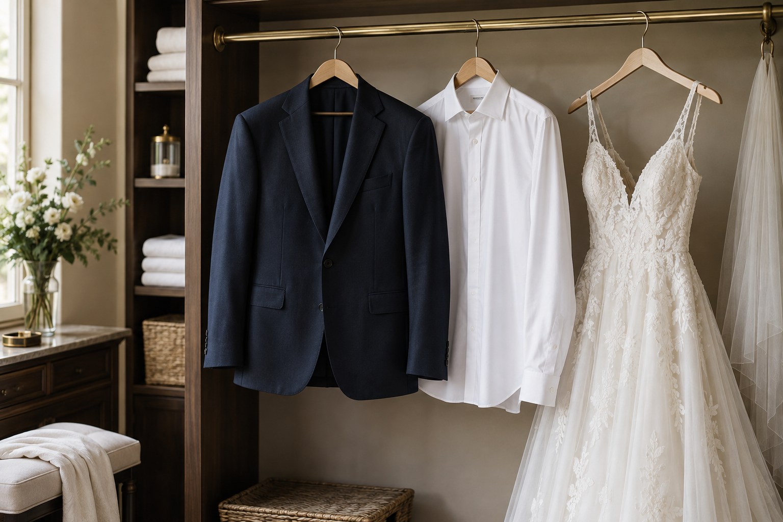 Costume bleu marine, chemise blanche et robe de mariée soigneusement suspendus